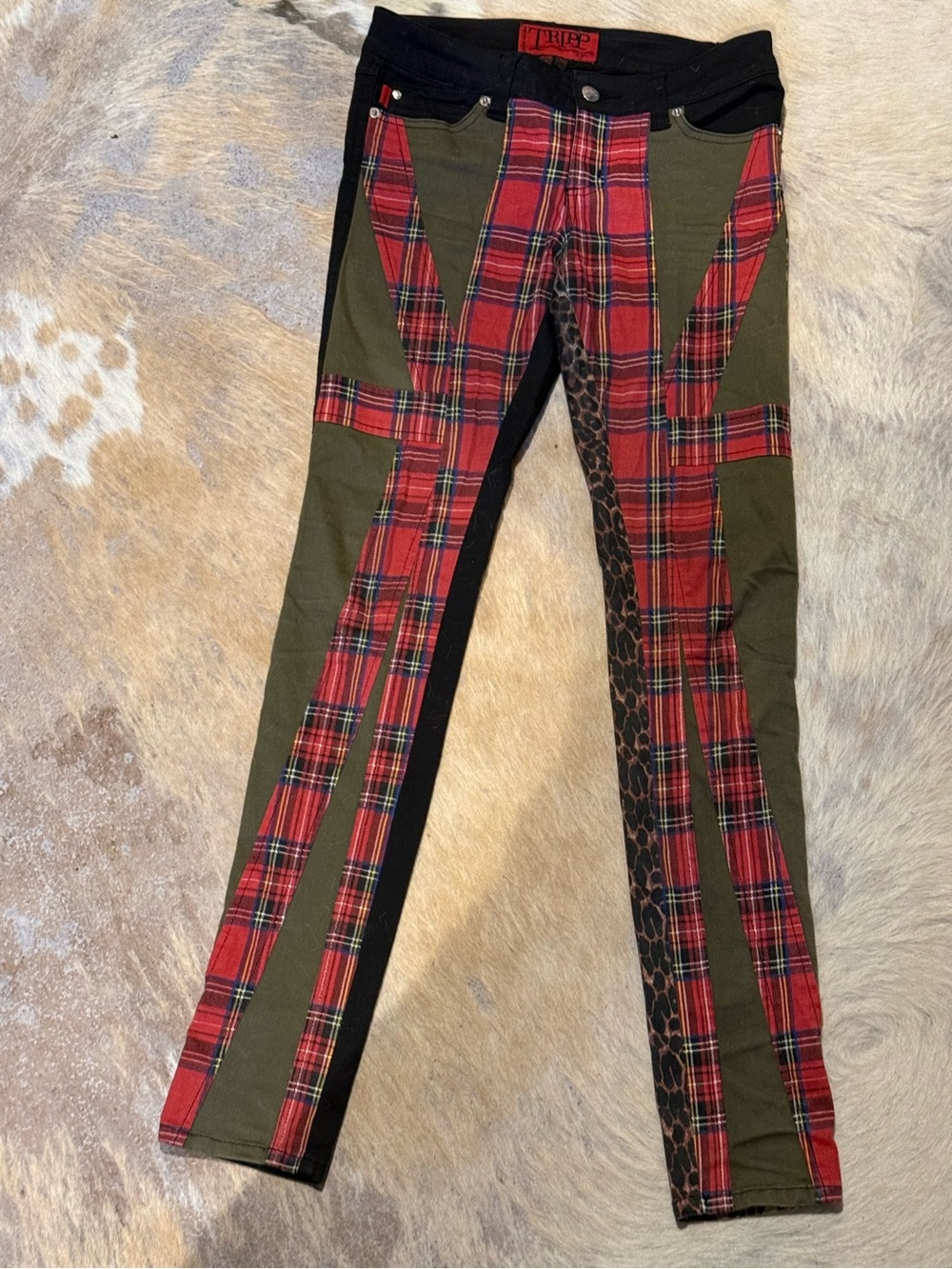 Tripp NYC Womens Split Leg Patchwork Skinny Jeans Plaid Leopard Union Jack 5